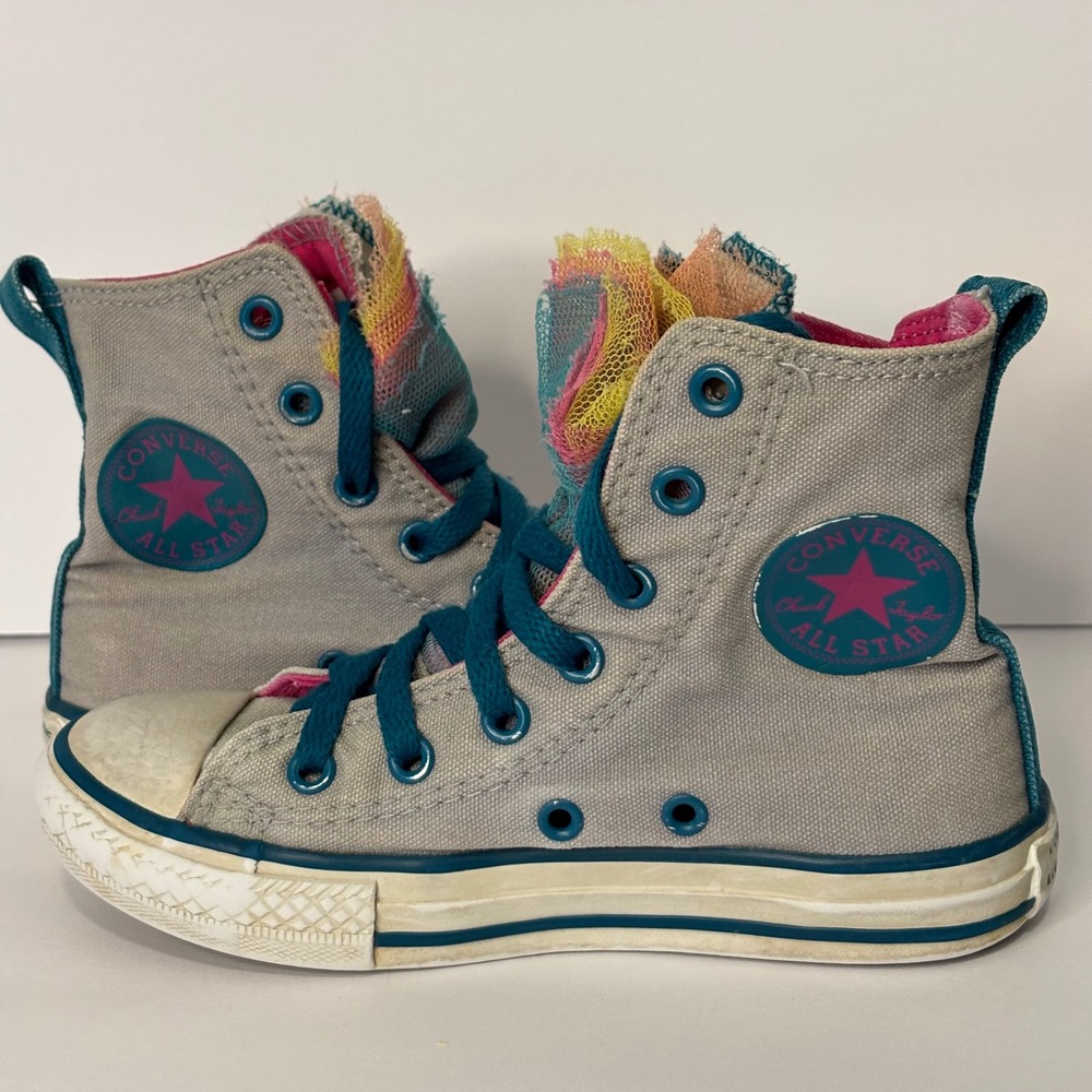 Converse All Star Girls Kids 12 High Top Sneakers Gray Teal Pink Rainbow Tulle - Picture 2 of 10